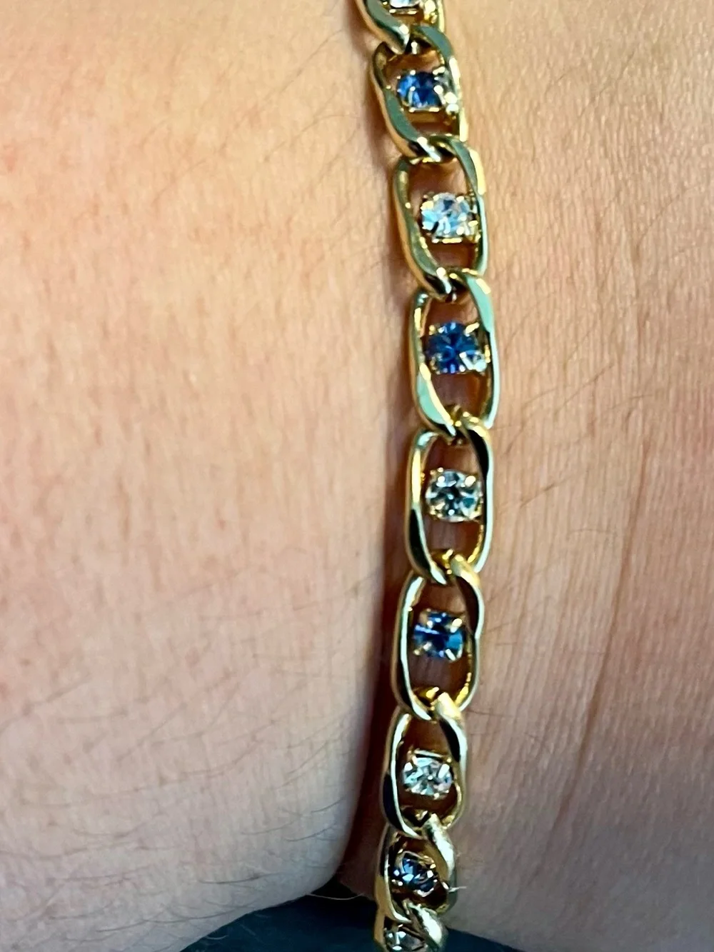 Gold Chain Bracelet with Blue and Clear Stones - Women's Jewelry
